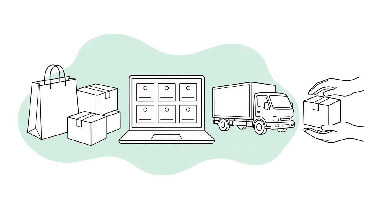 Shopping bag, parcels, an online shop on a laptop and a delivery truck