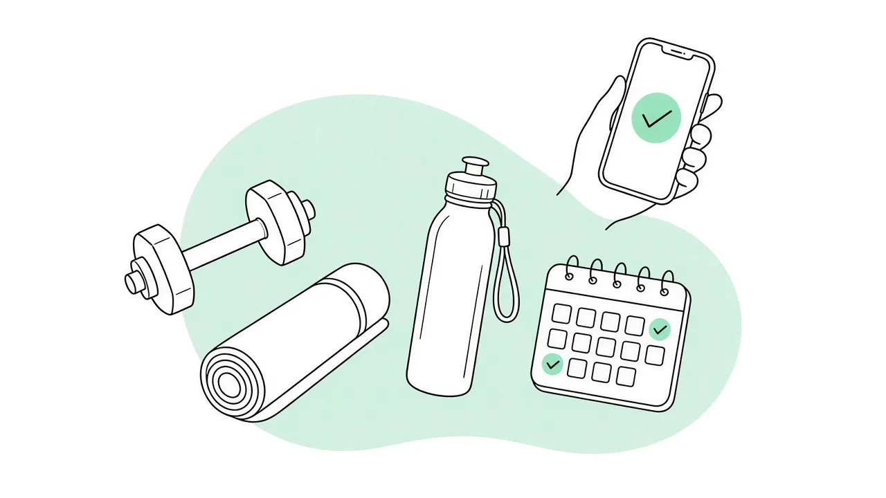 Dumbbell, yoga mat, water bottle, class calendar and a booking on a phone