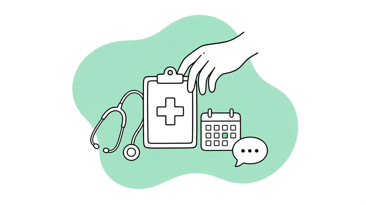 Clipboard with a medical cross, stethoscope, calendar and chat bubble