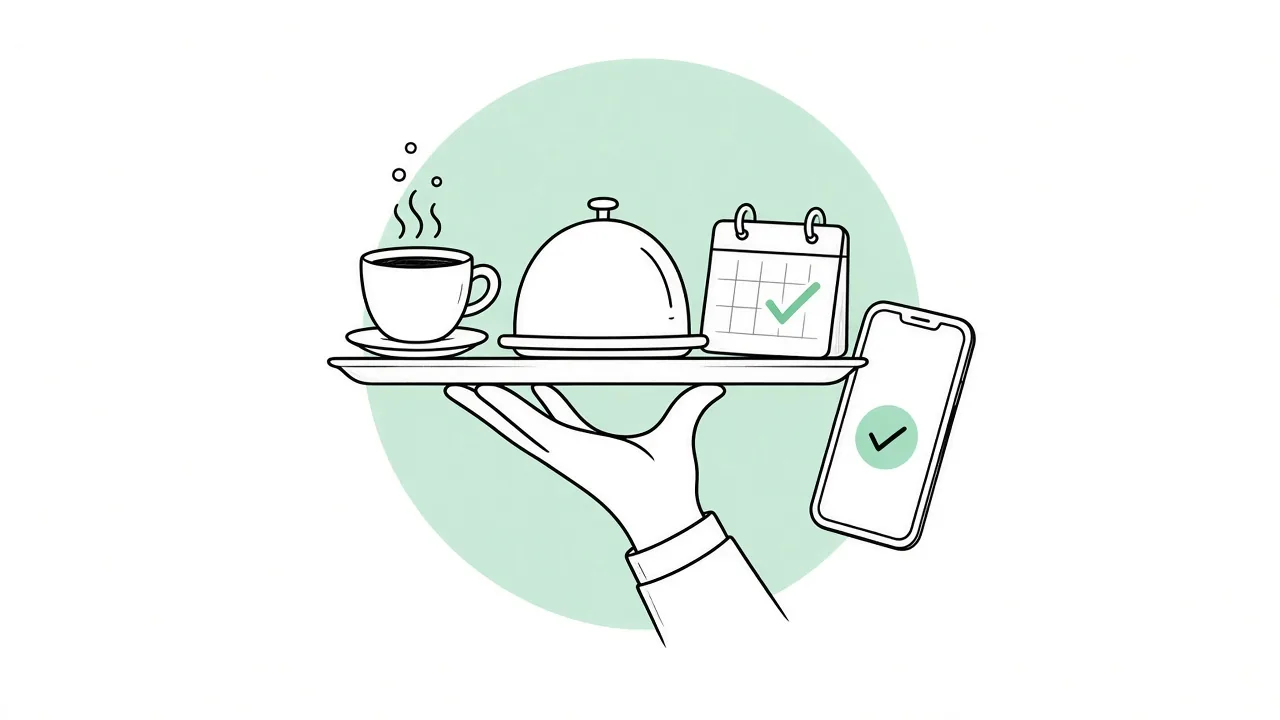 A hand carrying a tray with coffee, a cloche and a booking calendar