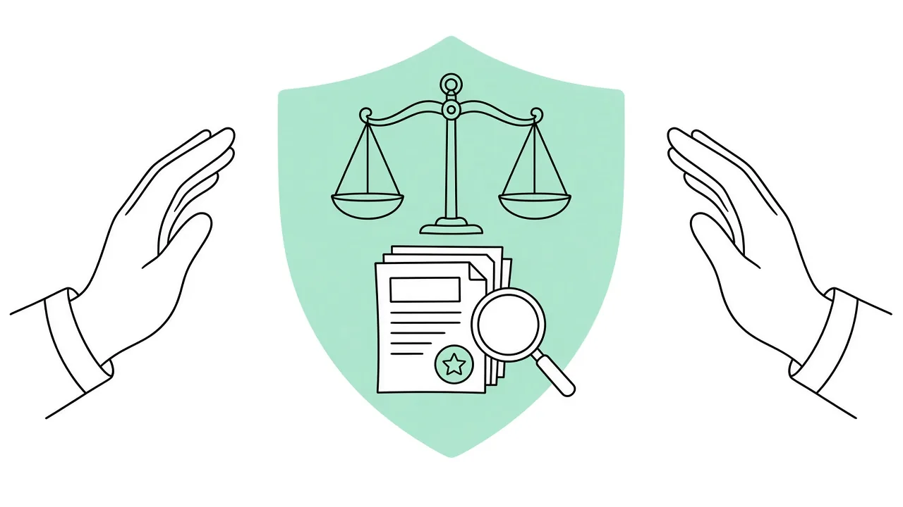 Scales of justice and documents on a shield between two hands