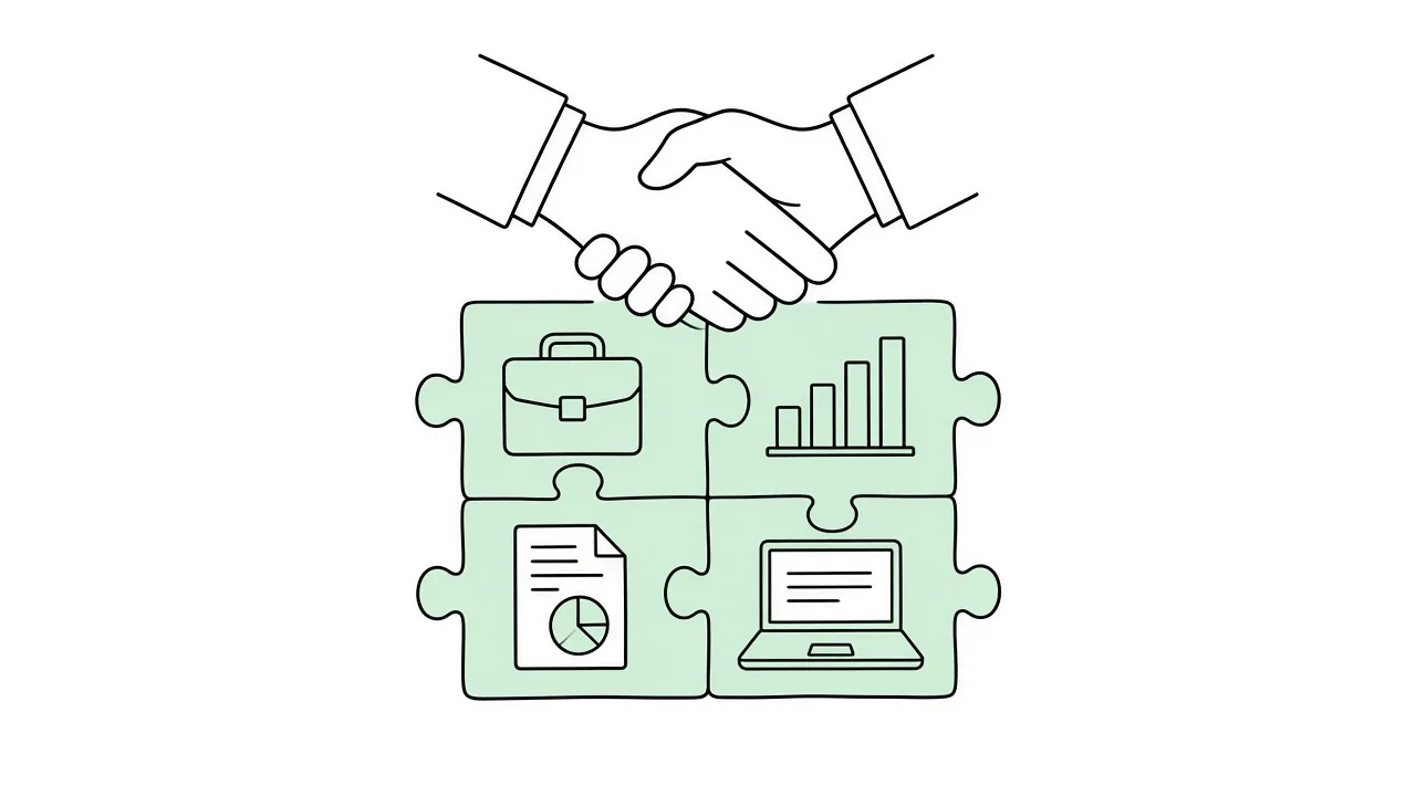 A handshake above puzzle pieces with a briefcase, chart, report and laptop
