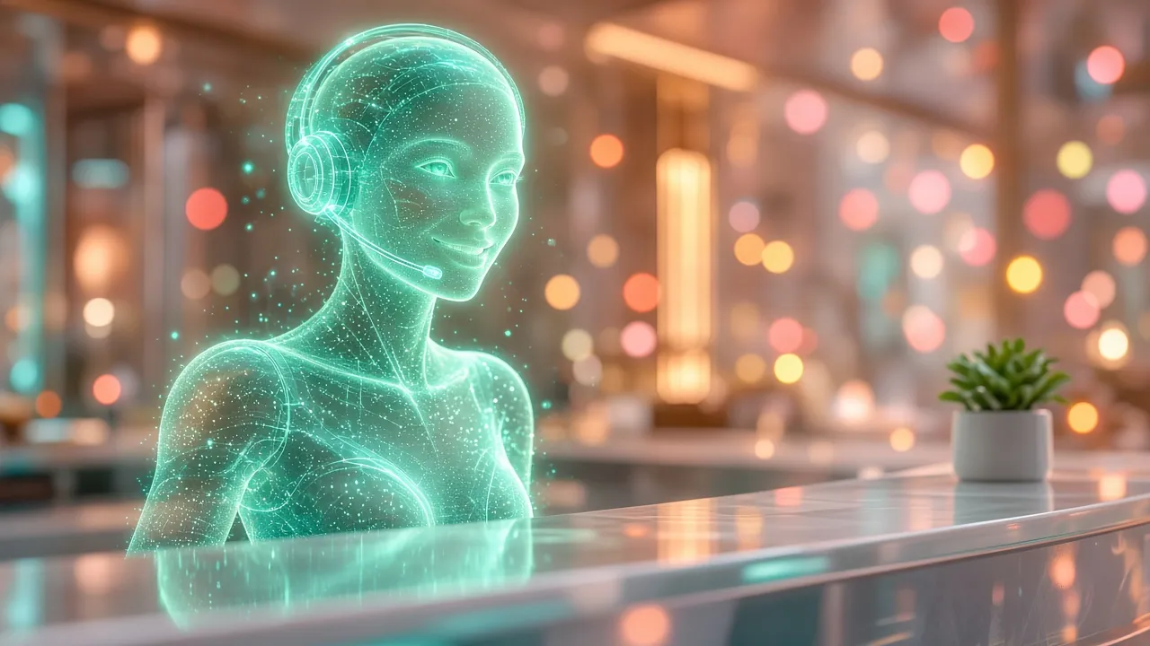 A friendly holographic AI receptionist with a headset at a front desk